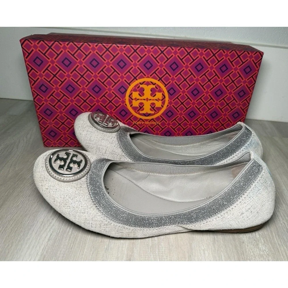 Tory Burch Ballet Flats White Glitter Embellished Logo Women Size 8M
